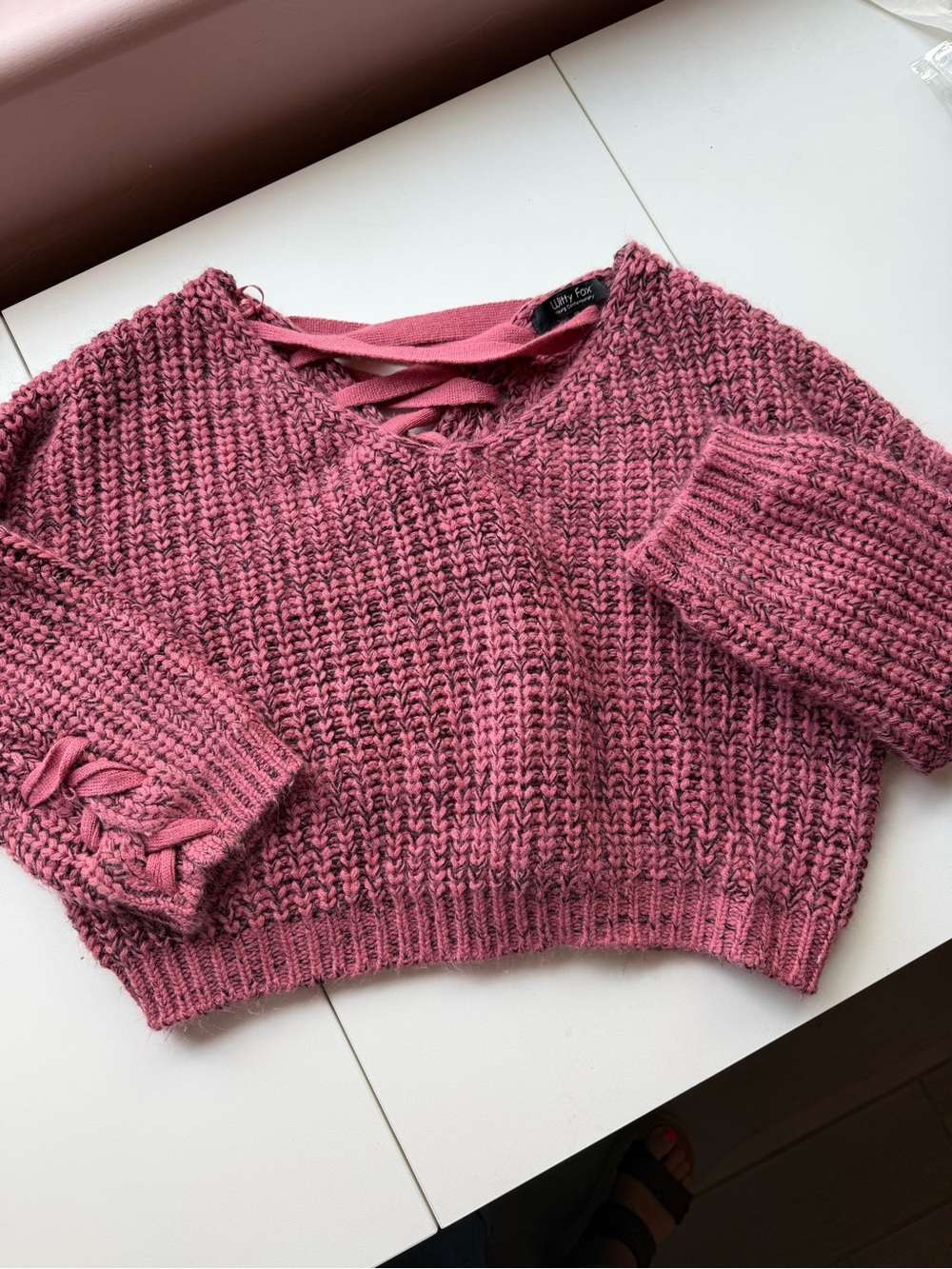 Lily Rose Cropped Lace-Up Sweater in Dusty Rose